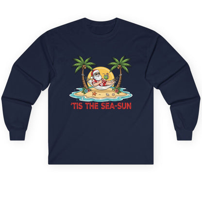 'Tis the Sea-Sun santa claus on a tropical vacation Long Sleeve Tee Navy product mockup