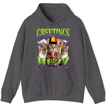 Greetings HUZZ Funny Cat Hoodie - product mockup - Charcoal