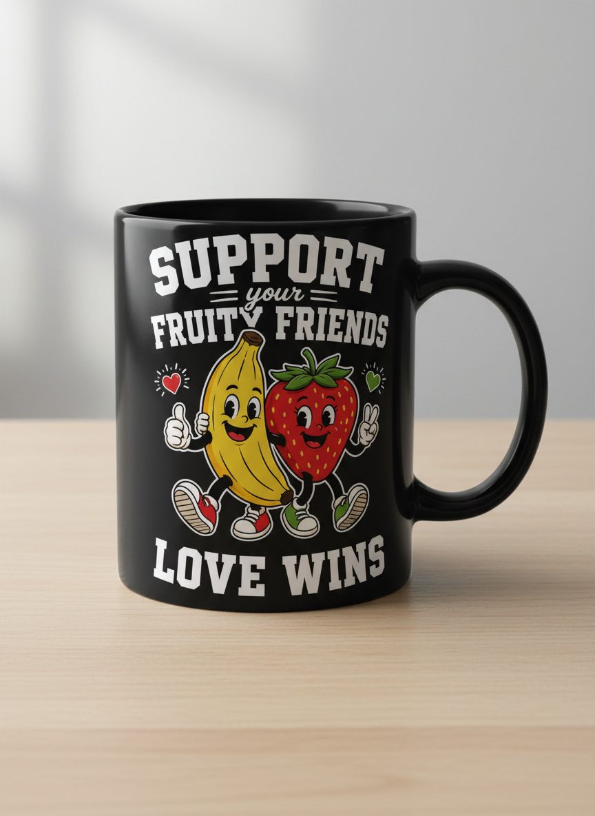 Support Your Fruity Friends Love Wins Retro Lgbtq Pride Black Mug - product mockup - Black