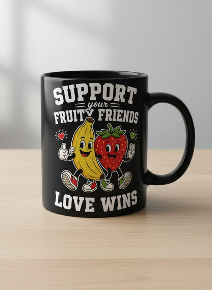 Support Your Fruity Friends Love Wins Retro Lgbtq Pride Black Mug - product mockup - Black