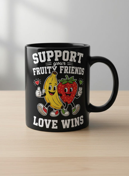 Support Your Fruity Friends Love Wins Retro Lgbtq Pride Black Mug - product mockup - Black