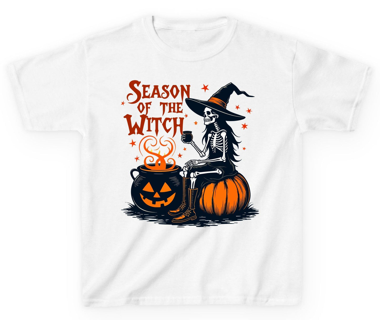 Season of the Witch skeleton witch Youth T-Shirt White product mockup