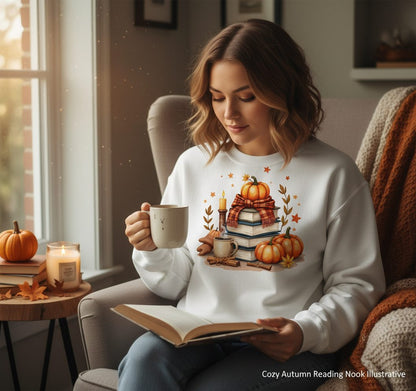 Cozy Autumn Reading Nook cozy autumn reading Sweatshirt White lifestyle mockup