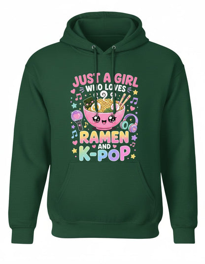Just a Girl Who Loves Ramen and K-Pop K-Pop Fans Hoodie - product mockup - Forest Green