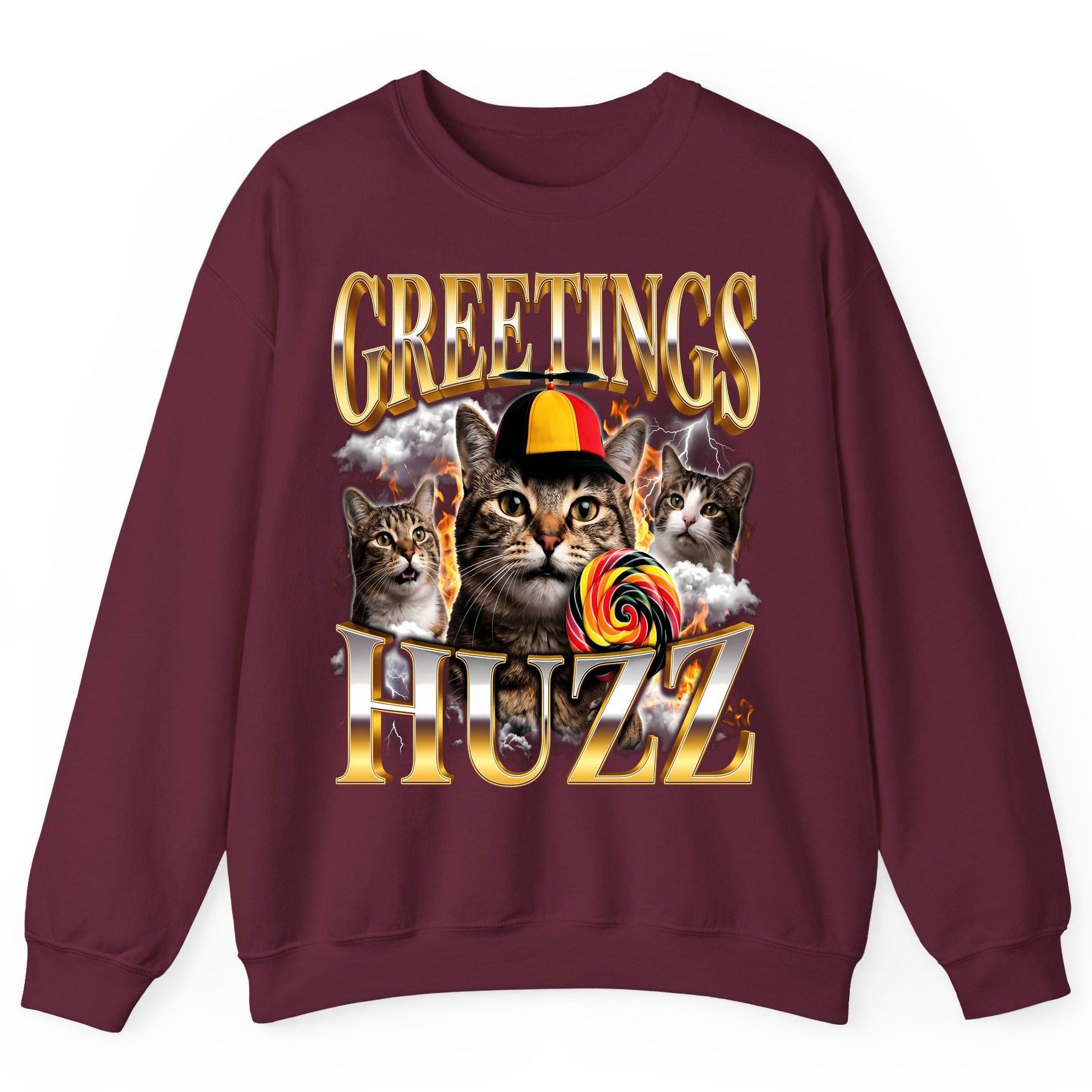 Greetings HUZZ Funny Cats Sweatshirt - product mockup - Maroon