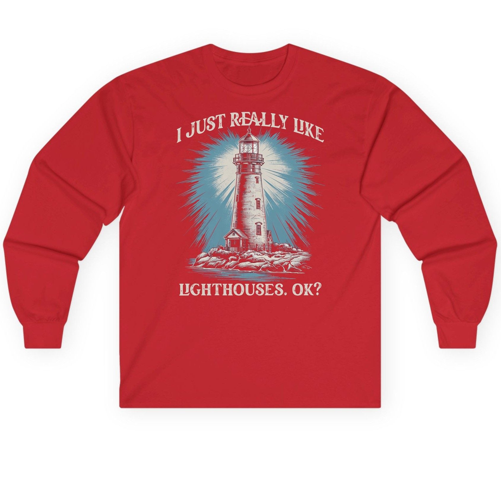 I Just Really Like Lighthouses, Ok? lighthouse Long Sleeve Tee Red product mockup