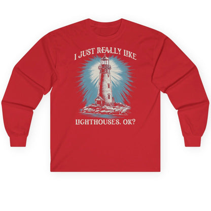 I Just Really Like Lighthouses, Ok? lighthouse Long Sleeve Tee Red product mockup