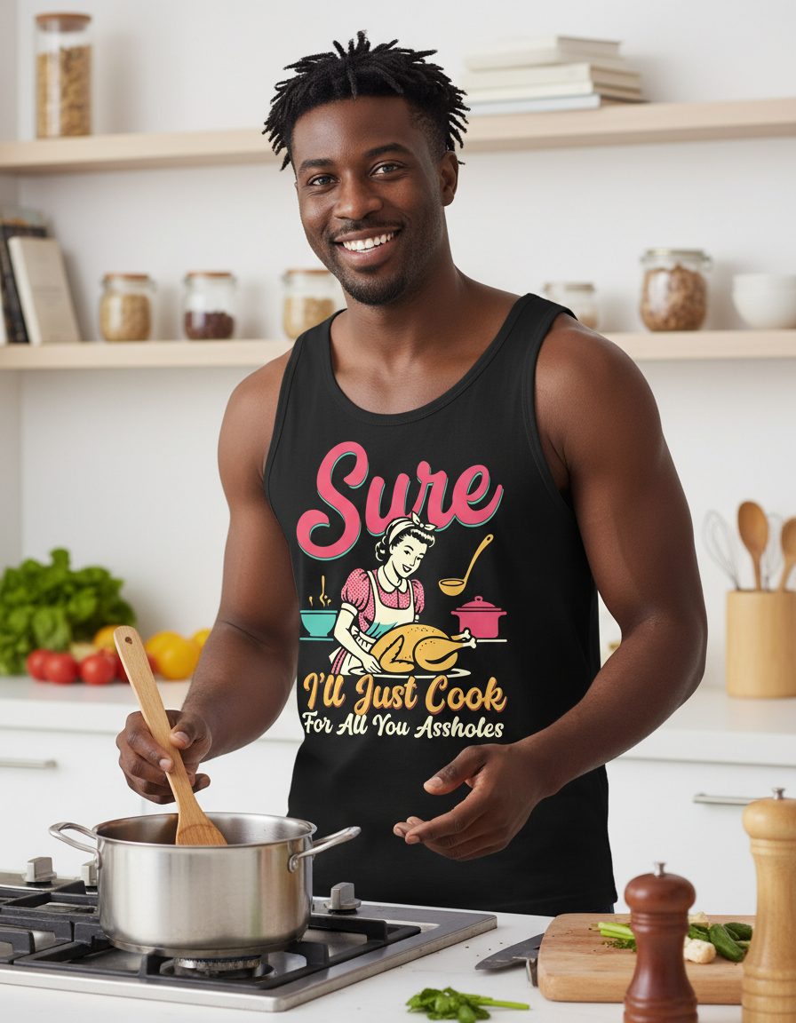 Sure, I'll Just Cook for All You Assholes sarcastic cooking Tank Top Black lifestyle mockup