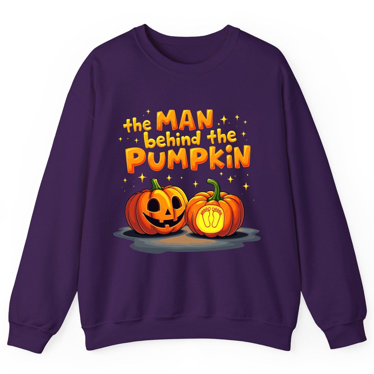 The Man Behind the Pumpkin Halloween pregnancy announcement Sweatshirt Purple product mockup