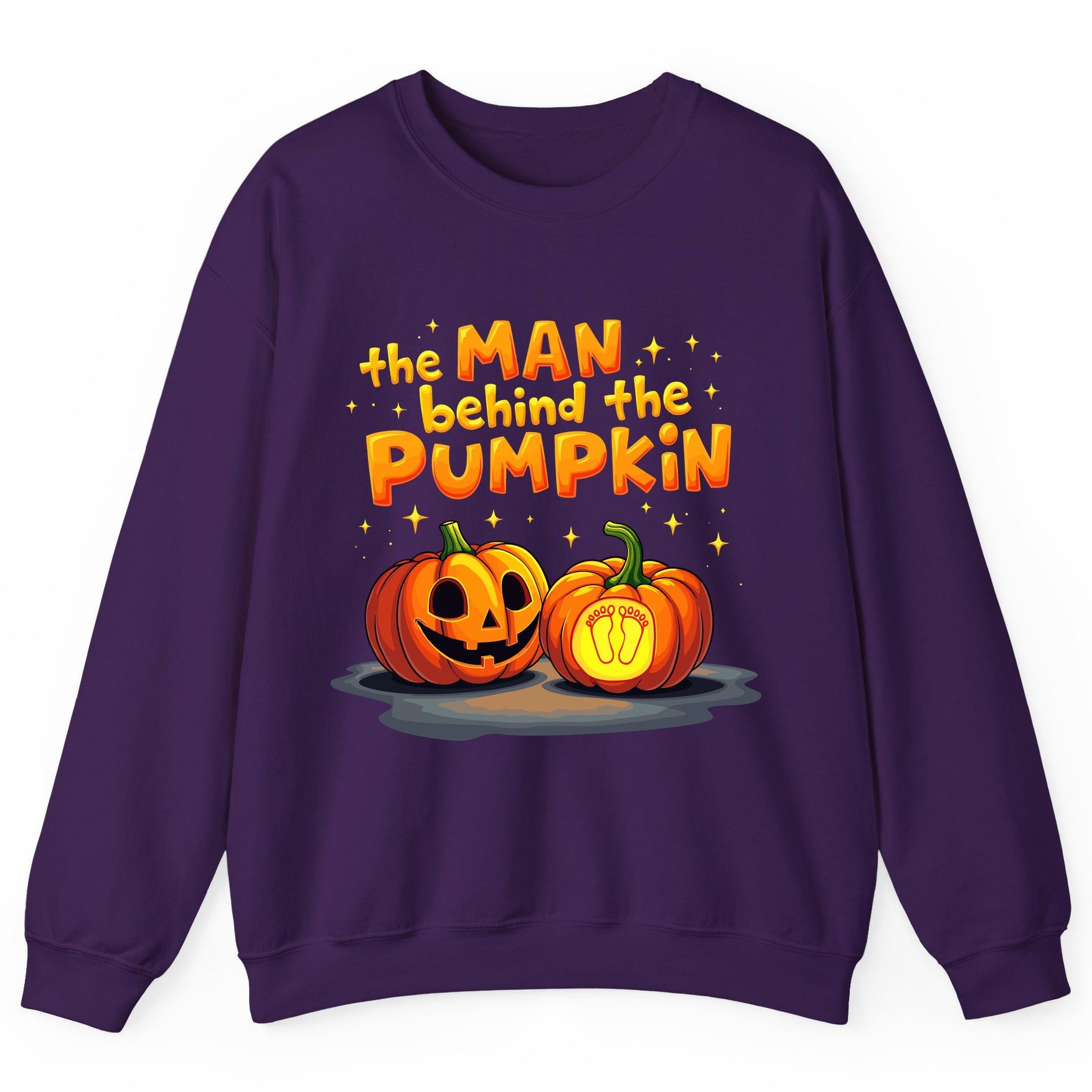 The Man Behind the Pumpkin Halloween pregnancy announcement Sweatshirt Purple product mockup