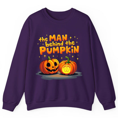 The Man Behind the Pumpkin Halloween pregnancy announcement Sweatshirt Purple product mockup