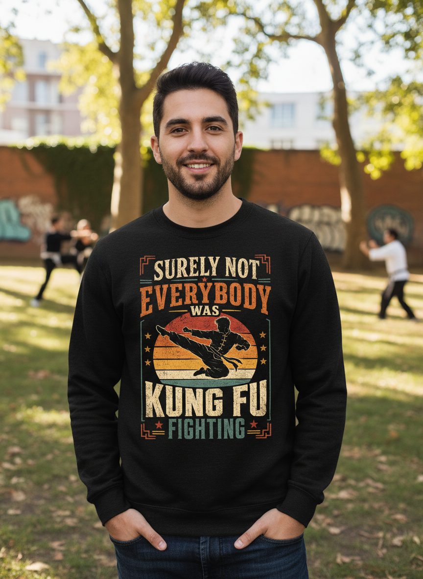 Surely Not Everybody Was Kung Fu Fighting Funny Martial Arts Sweatshirt - lifestyle model mockup - Black