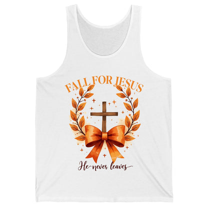 Fall for Jesus He Never Leaves christian faith Tank Top White product mockup
