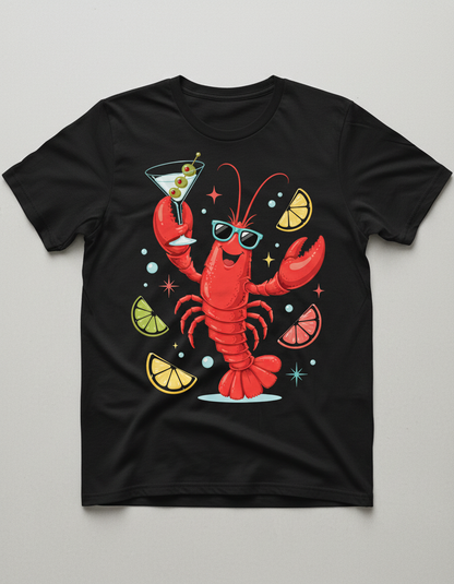 Party Lobster with Martini and Sunglasses T-Shirt - Black