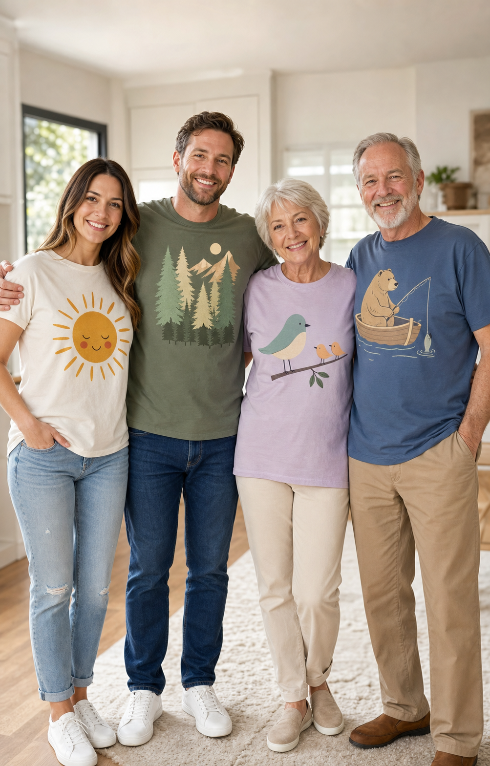 Family members wearing funny graphic shirts