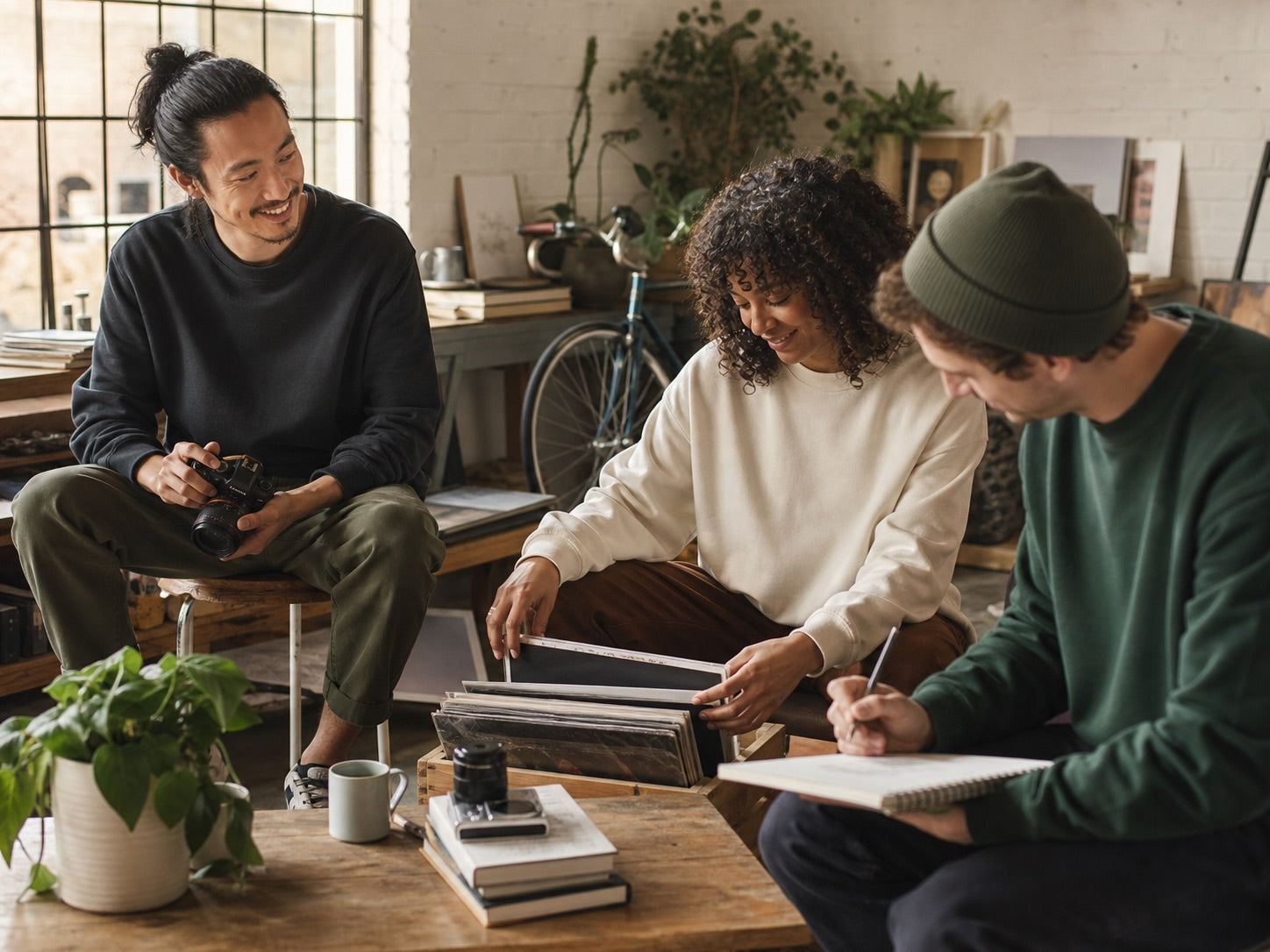 Friends sharing photography, music and drawing hobbies in a creative studio