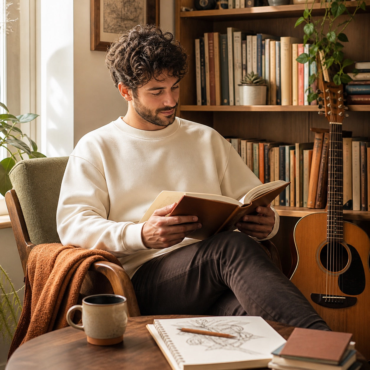 Reader in a cream sweatshirt beside books, a guitar and a sketchbook