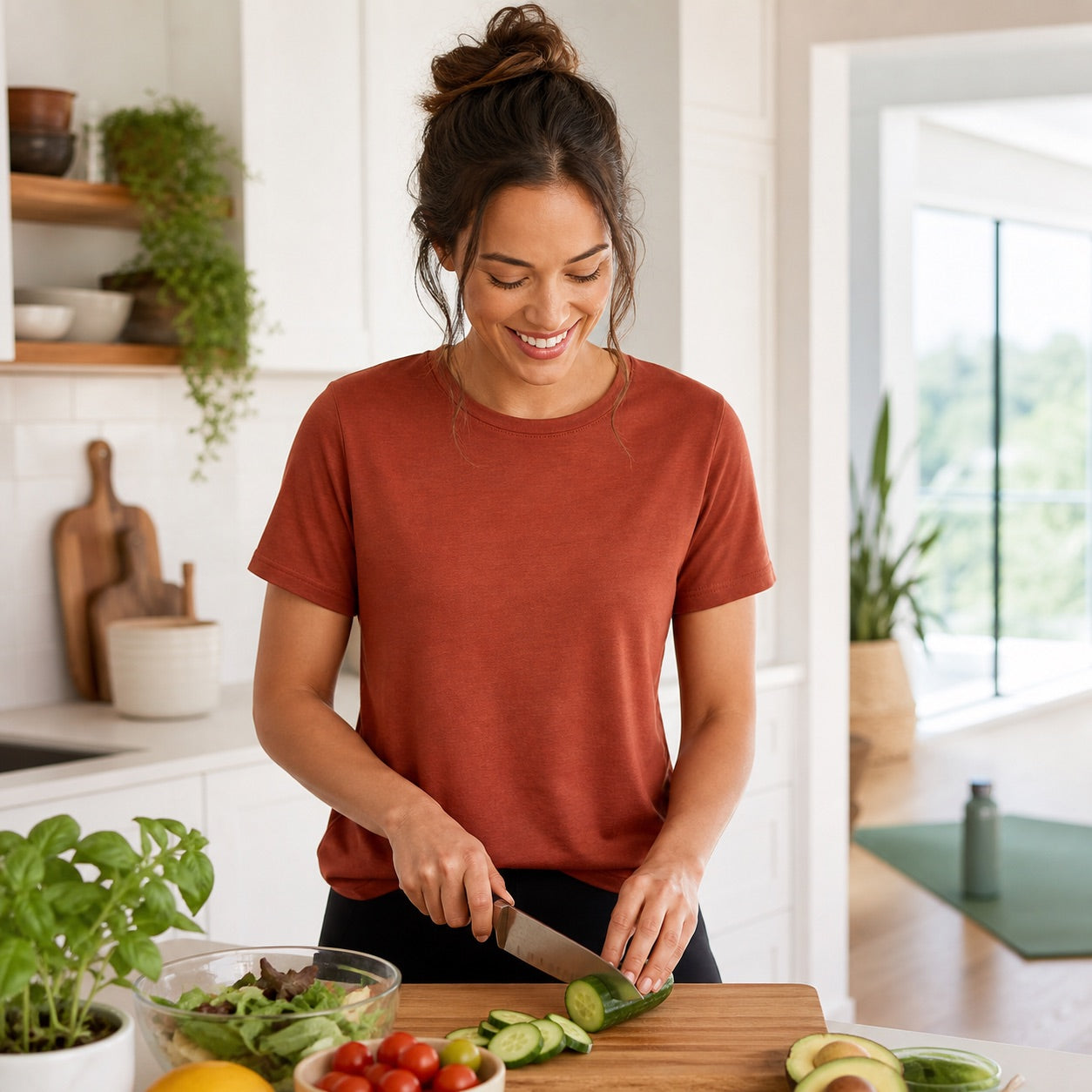 Home cook in a rust shirt preparing fresh food in a bright kitchen
