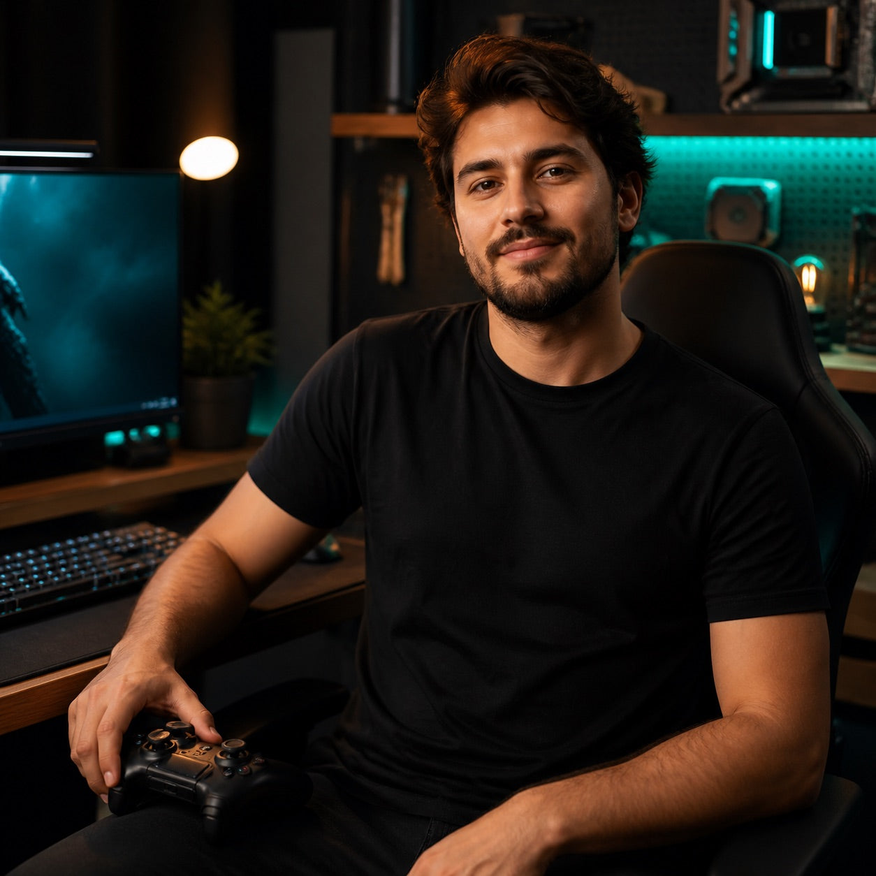 Gaming enthusiast in a black shirt at a modern computer setup